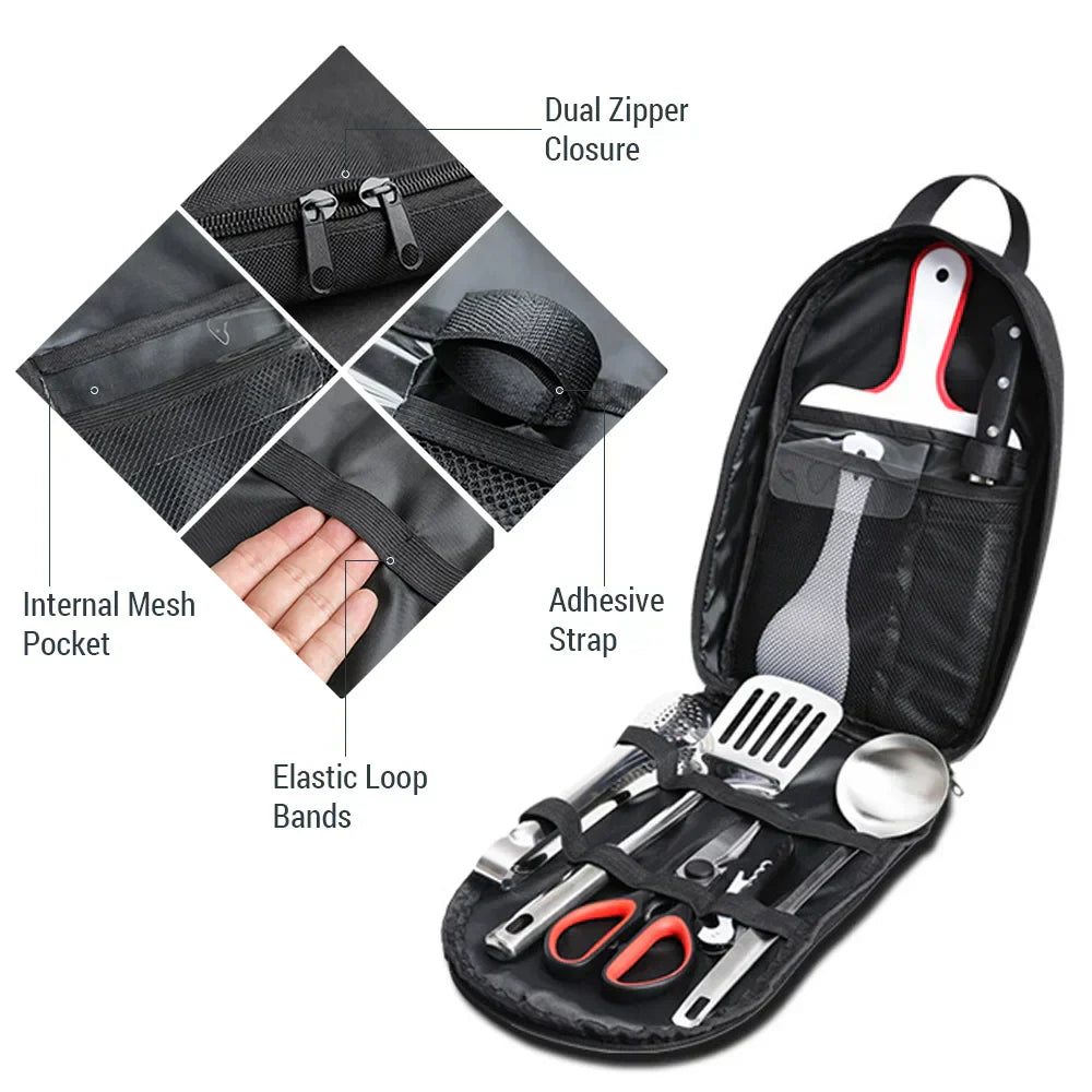 Portable Stainless Steel Camping Utensils Set - 9 Piece Cookware Kit in Black-4