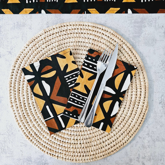 Set of 4 / 8 Napkins | 40x40cm | Black Mudcloth Print, Ankara Wax, 100% Cotton-0