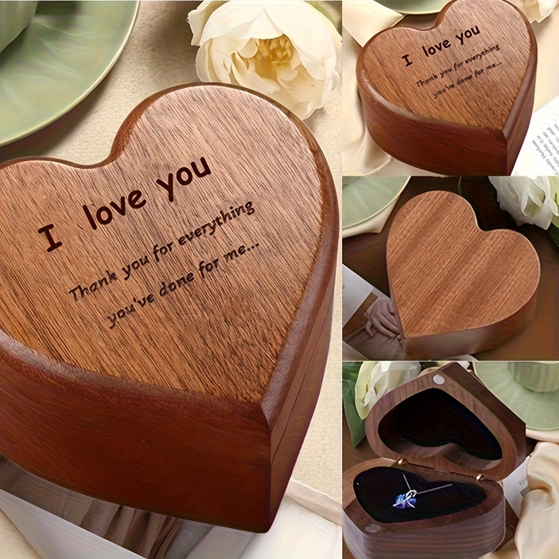 Heart-Shaped Bamboo Gift Box with Pendant Necklace-1