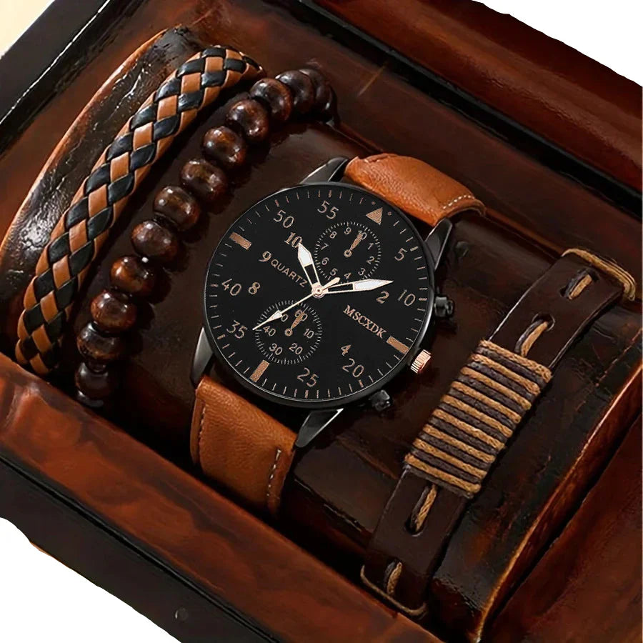 4pcs Men's Quartz Watch Set with Bracelets (Brown)-0
