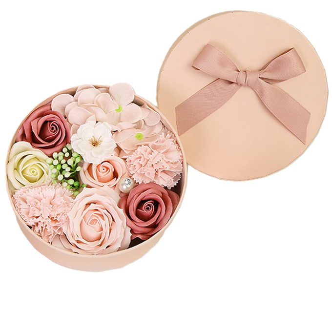 Non-Withered Soap Flower Small Round Box Decoration Set - Big Pink Simulation Flowers-0