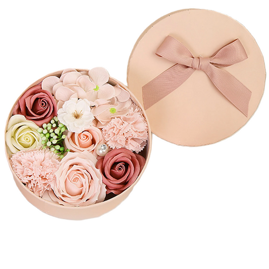 Non-Withered Soap Flower Small Round Box Decoration Set - Big Pink Simulation Flowers-0