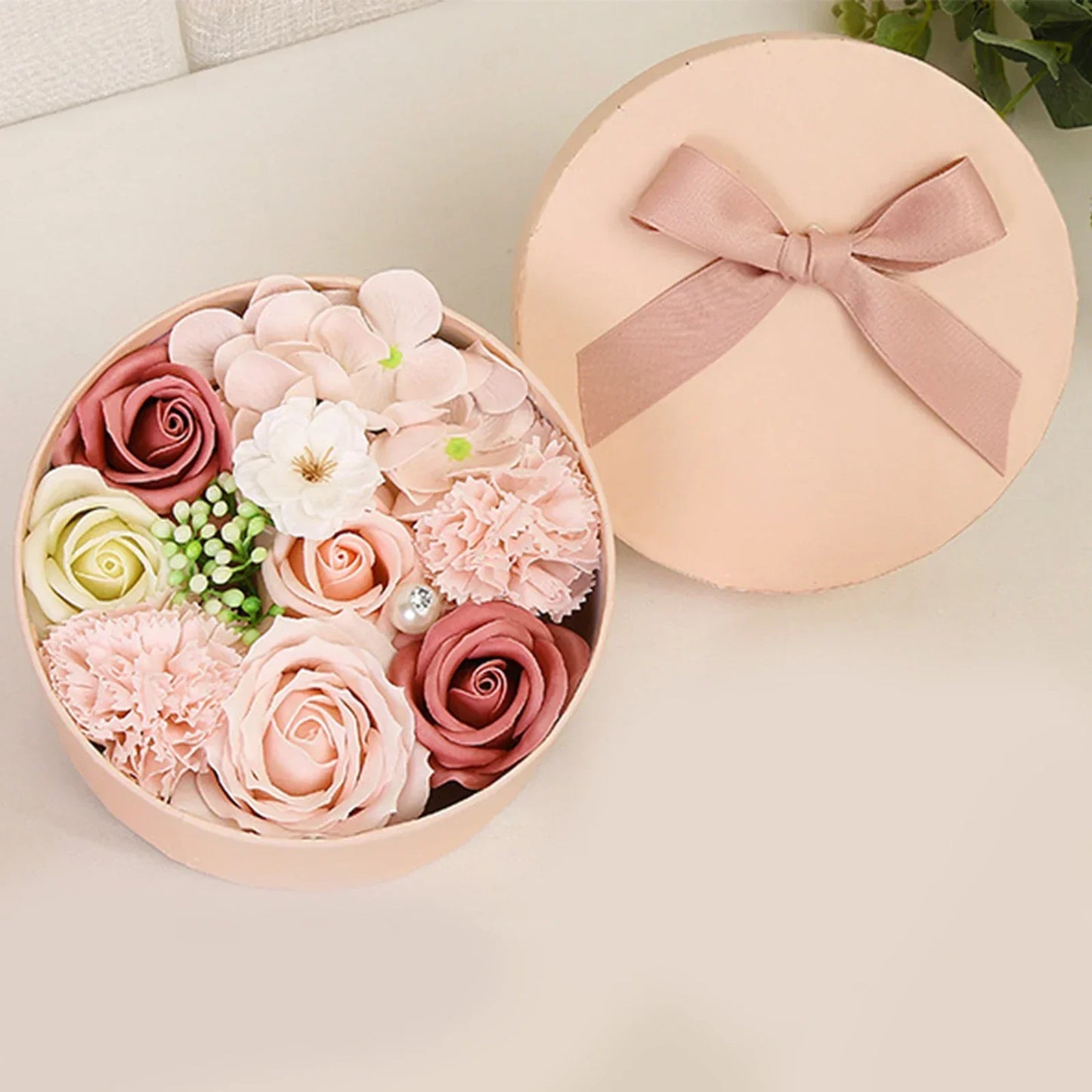 Non-Withered Soap Flower Small Round Box Decoration Set - Big Pink Simulation Flowers-2