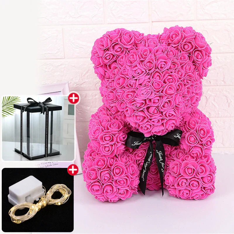LED Red Rose Teddy Bear: 23cm Artificial Flower - Deep Pink-Led-Box-1
