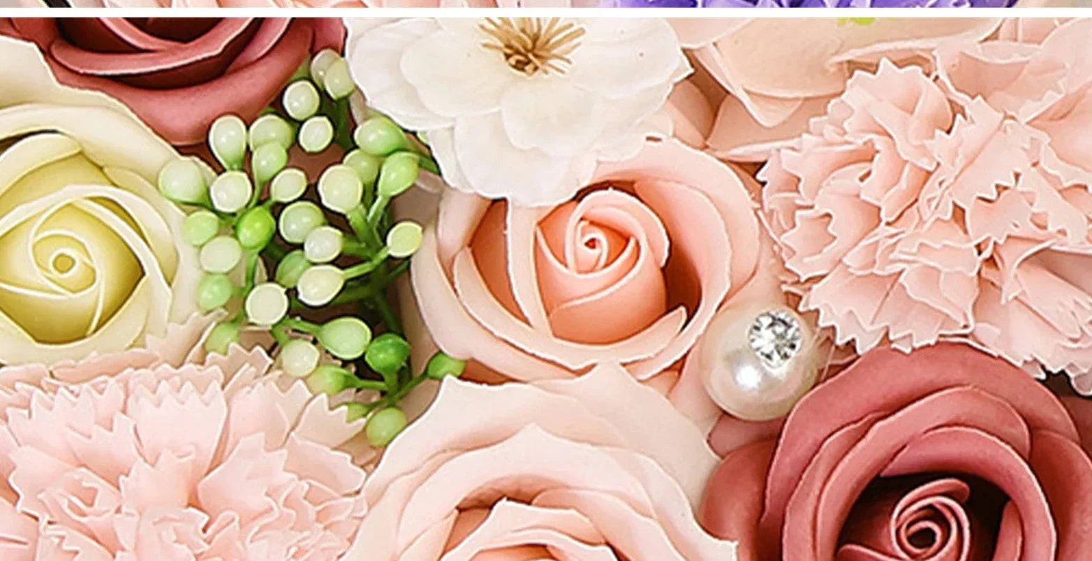 Non-Withered Soap Flower Small Round Box Decoration Set - Big Pink Simulation Flowers-3