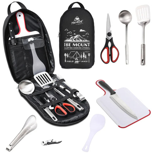 Portable Stainless Steel Camping Utensils Set - 9 Piece Cookware Kit in Black-0