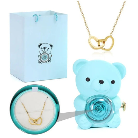 Teddy Bear Gift Box with Rose Jewelry Storage (Blue)-0